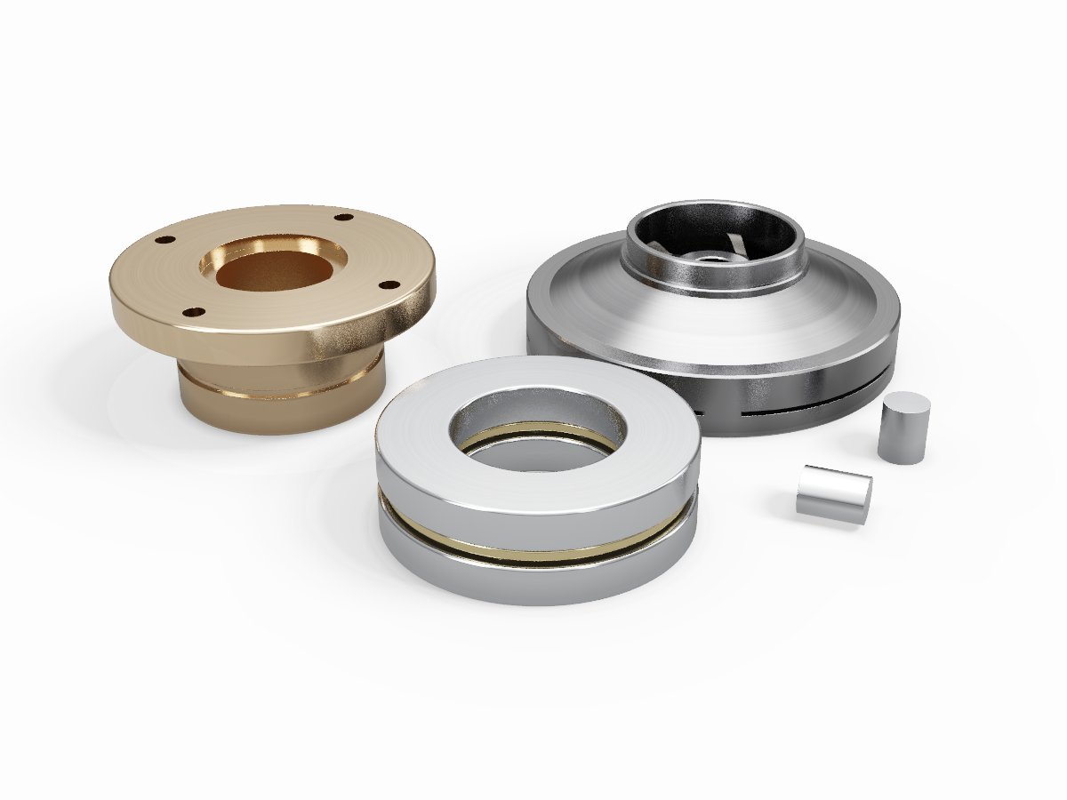 CG image of a copper-alloy end cover, a stainless steel impeller, a thrust ball bearing and two rollers